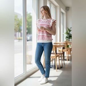 Staccato pink and white sweater tank with ruffle sleeves